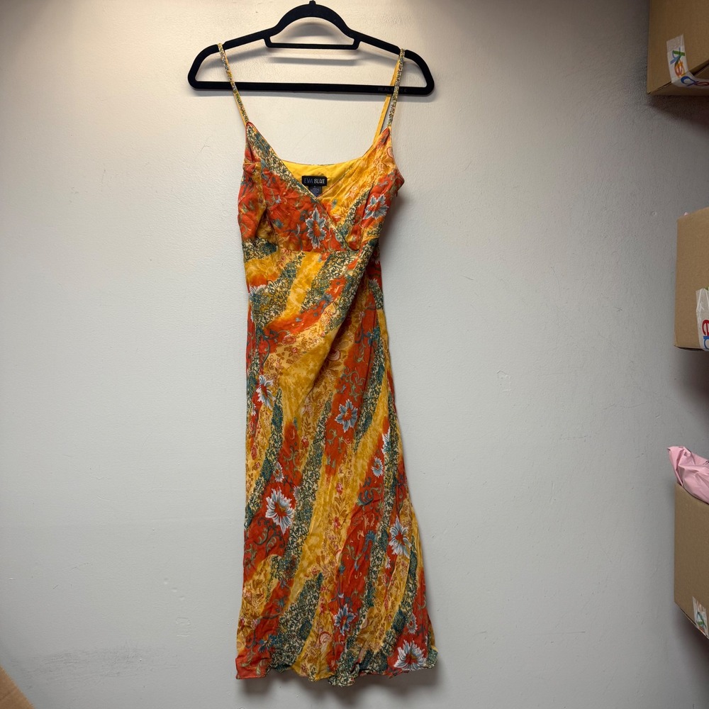 Eva Blue Dress Women 6 Orange Floral Paisley Beaded Strap Midi Rayon Excellent